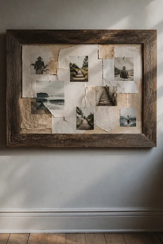 Antique-looking frame with a window inside showing layered torn paper and printed photos
