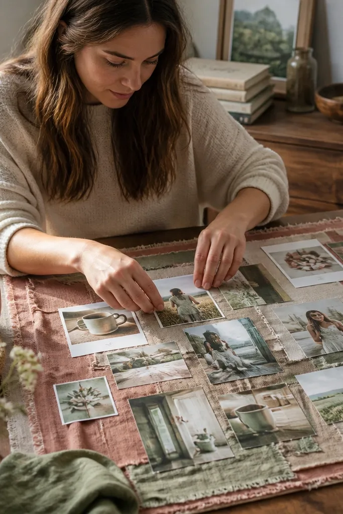 Fabric patchwork background with printed images stitched into sections on a board