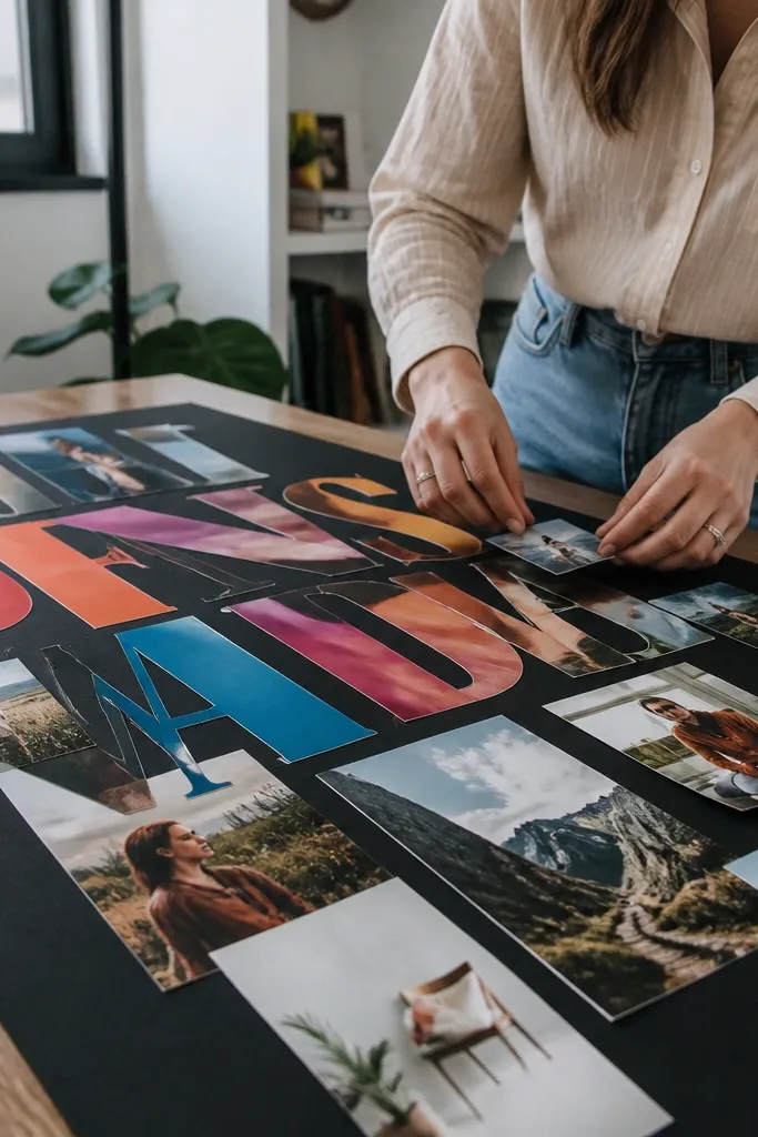 Black poster board with large magazine letters and cutouts arranged in bold clusters