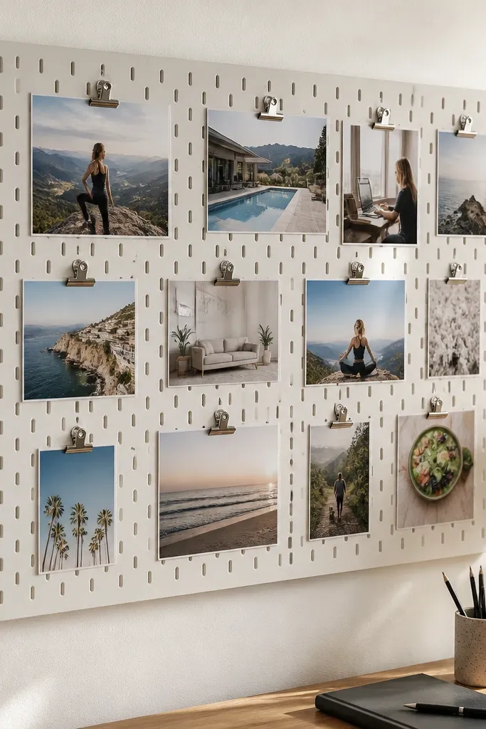 White pegboard wall panel with small clip frames holding photos and paper swatches