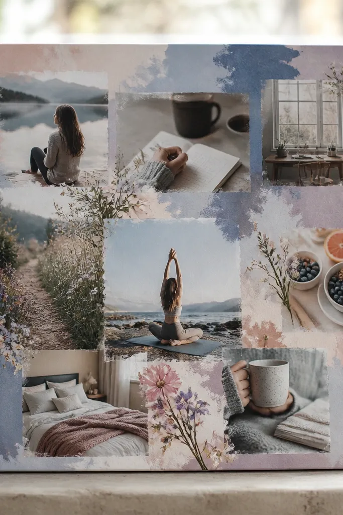 Soft watercolor wash background with matte photos layered in corners on a board