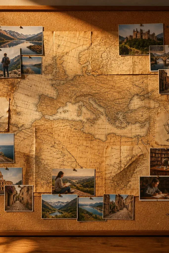 Old map scraps on a board with compass rose corners and small cutouts