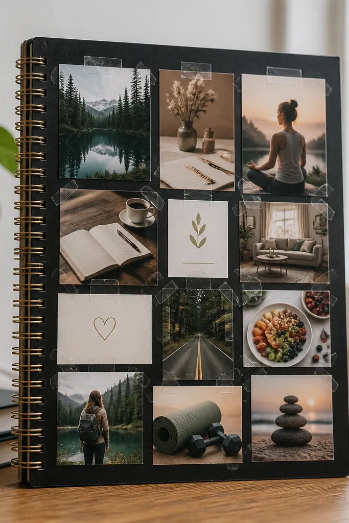 Upcycled notebook cover with images held by clear tape hinges and a paper border