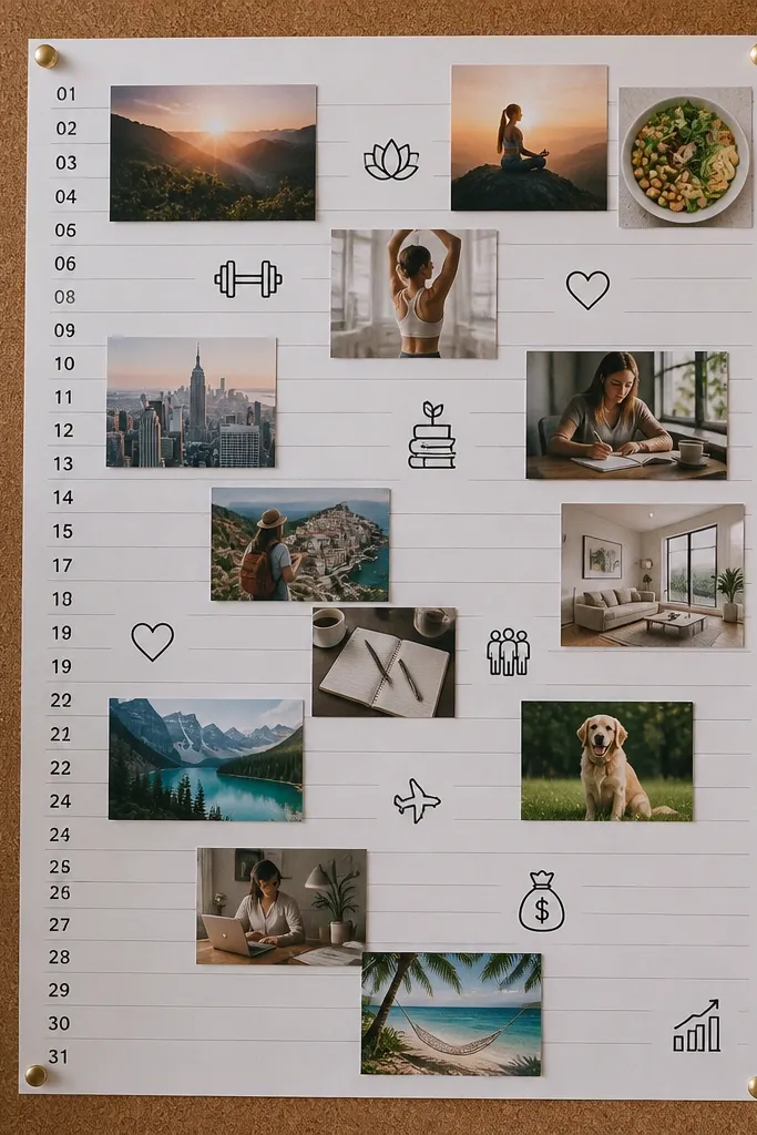 Calendar page repurposed into a vision board with date strips and cutouts