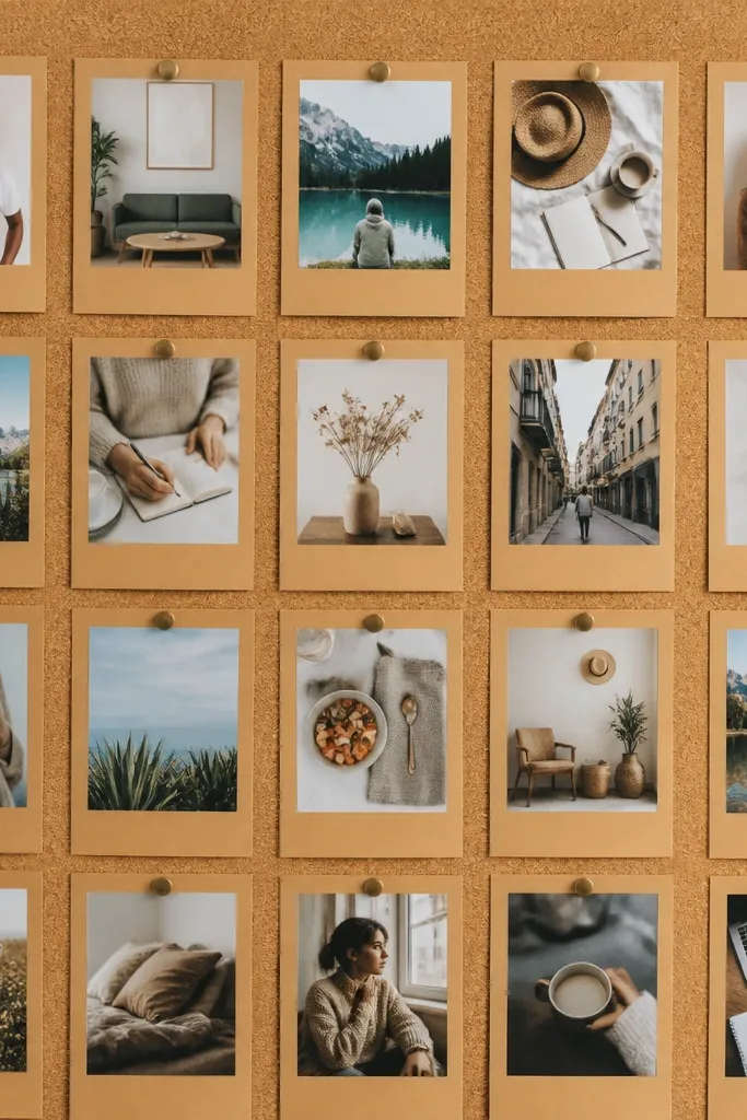 Brown paper mats with printed photos arranged like polaroids on a cork board