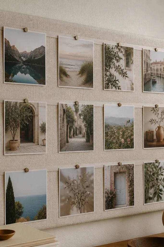 Fabric-covered board with ribbon lines holding photos and notes with pins