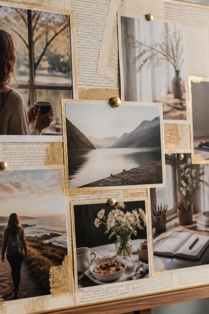 Board covered in book pages with a few gold-painted edges and layered cutouts