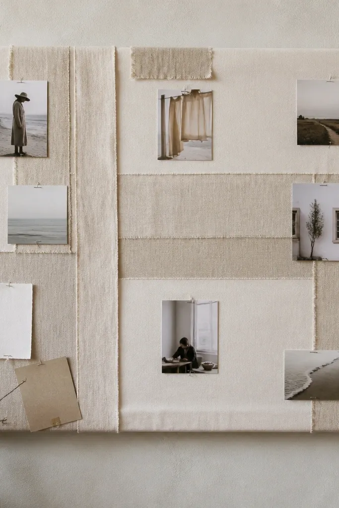 Canvas board with linen fabric strips and cutouts pinned in a gentle grid