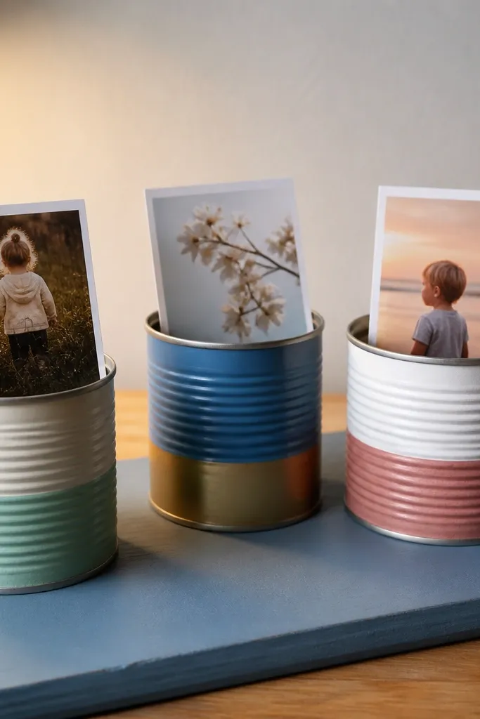 Painted board with small tin can holders holding mini photos and cutouts