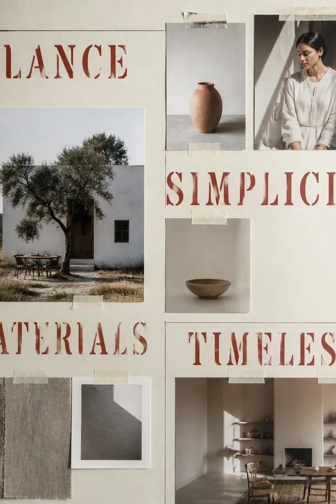 Neutral board with stencil-painted words and a few anchored photos in corners