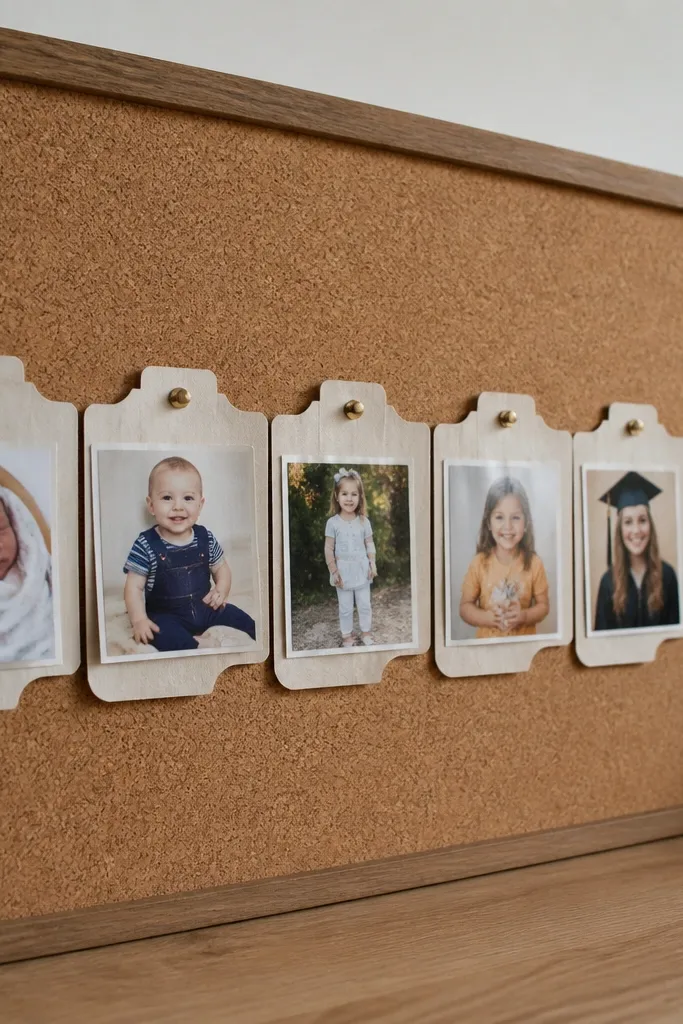 Timeline board made from calendar tabs with photos attached to each tab