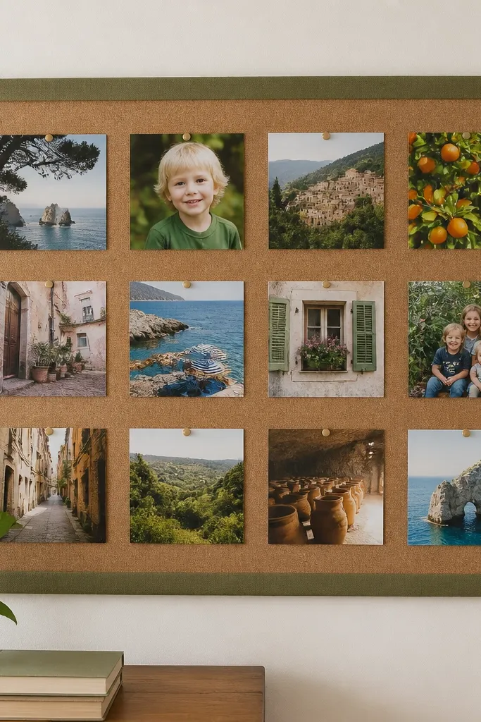 Cork board wrapped with fabric binding and photos pinned in a neat grid
