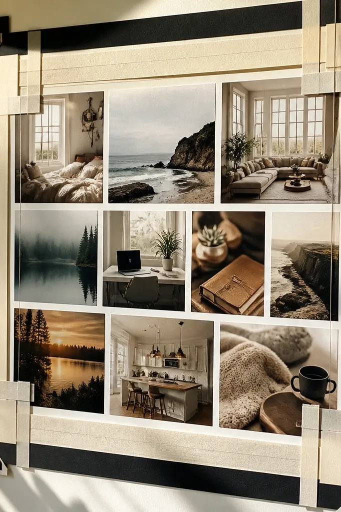 Washi tape frame around photos with small corner tags and a clean grid.