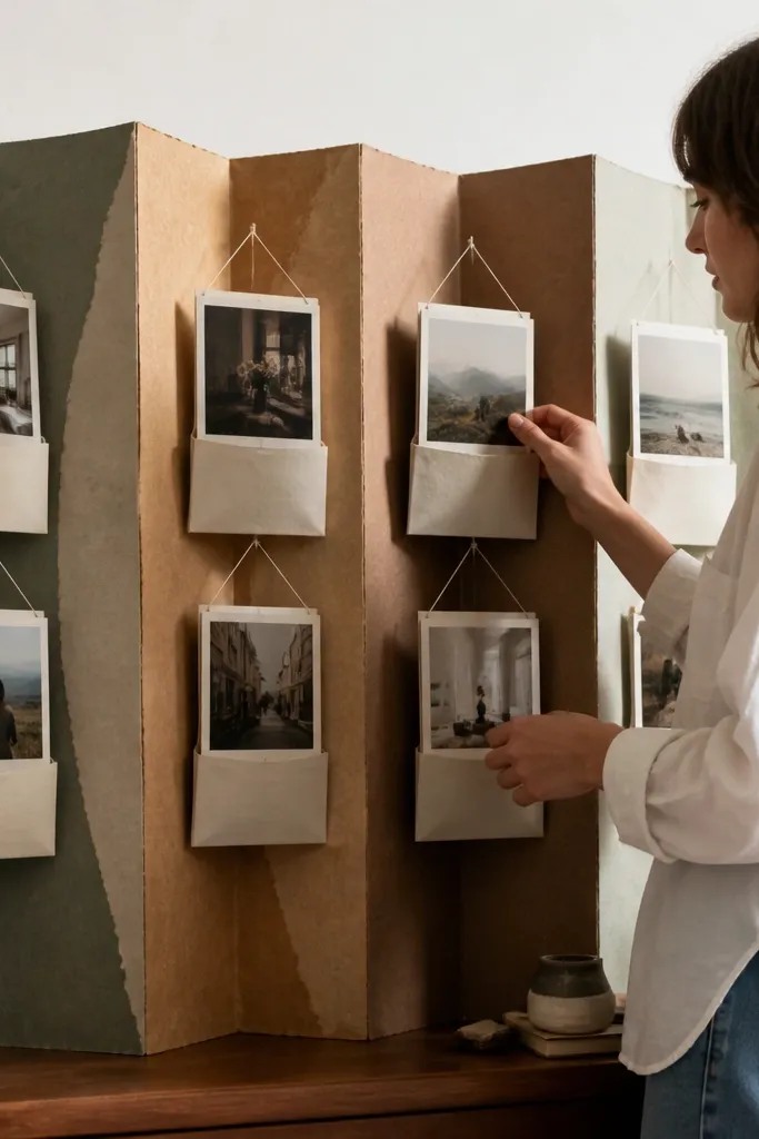 Accordion paper strip with hanging pockets holding photos like tiny cards.