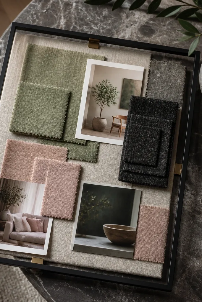 Large colored rectangles with attached fabric swatches and small white label tags on beige board
