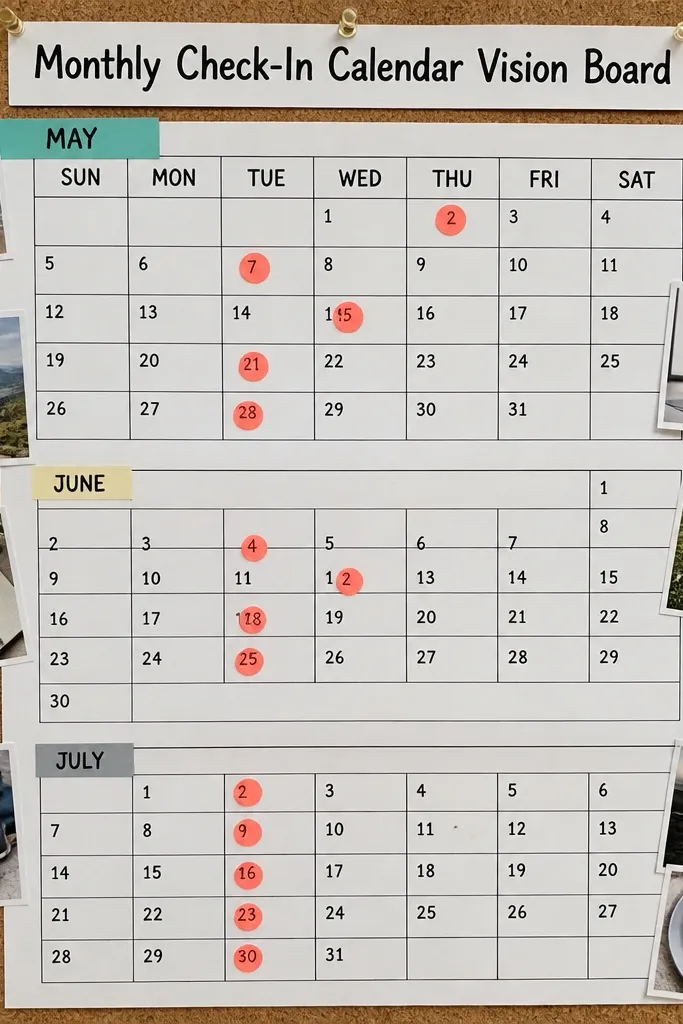 A calendar grid with highlighted dates and small icons in neat rows on off-white paper