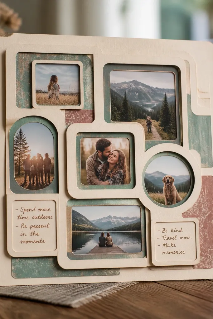 Three overlapping frames with paper mats and torn-edge accents on kraft paper
