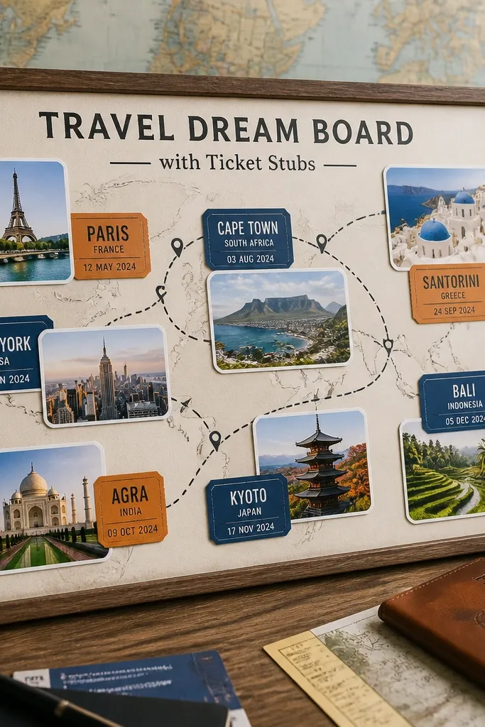 A collage of destination photos with faux ticket stubs and small route lines on white board