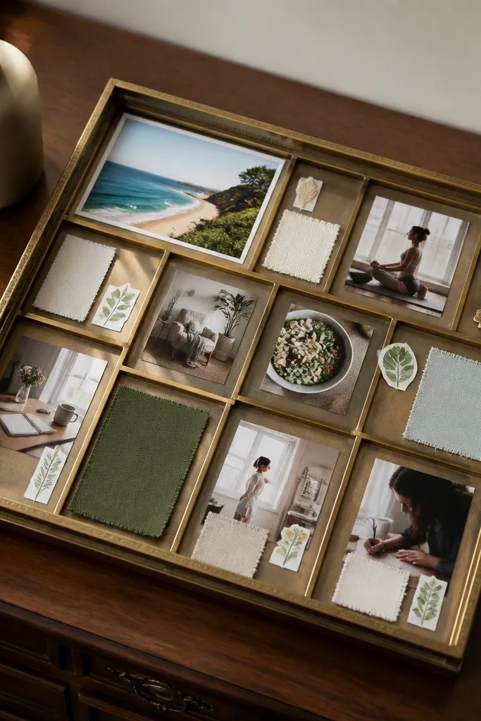 A shallow jewelry tray covered with paper and small cards arranged in rows