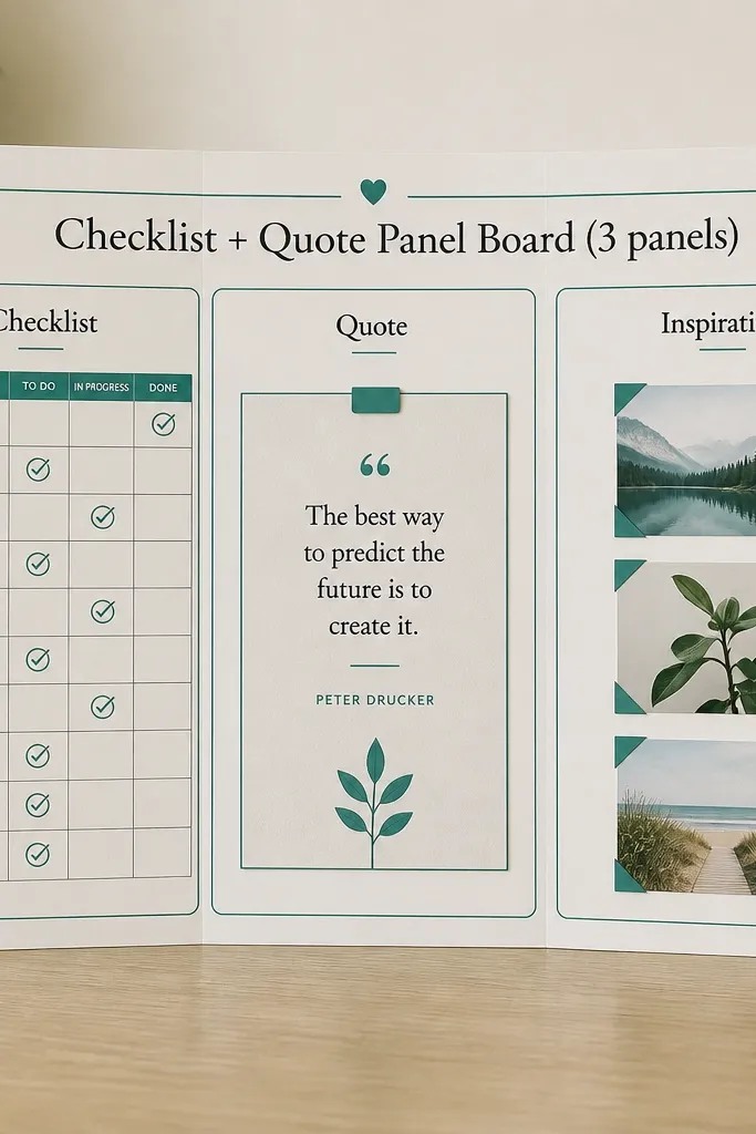 Three vertical panels: checklist on left, quote in middle, image collage on right