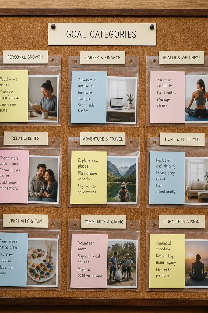 A board with labeled category headers and clear window pockets holding small notes and photos