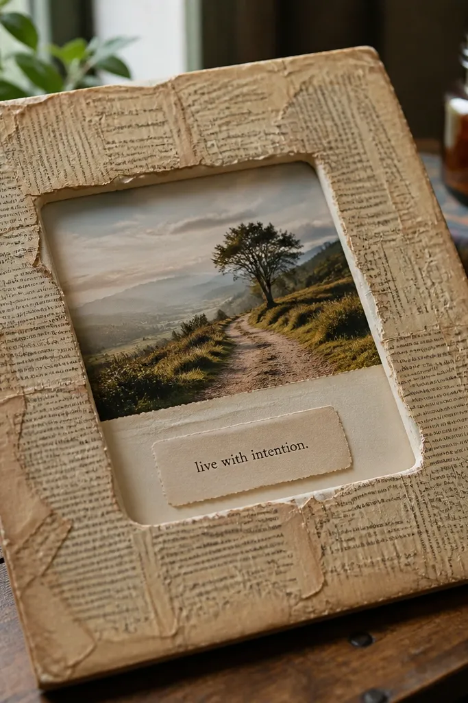 A board made from book pages with a central cutout window showing a and labels