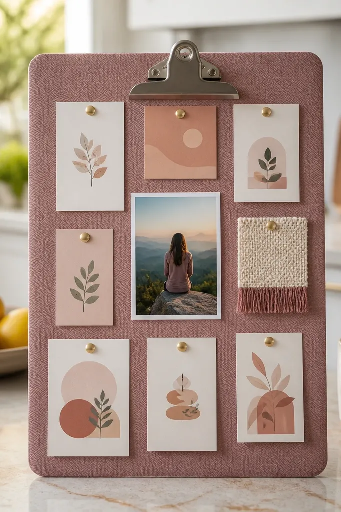 A clipboard covered in fabric with pinned cards and handwritten priorities in neat rows