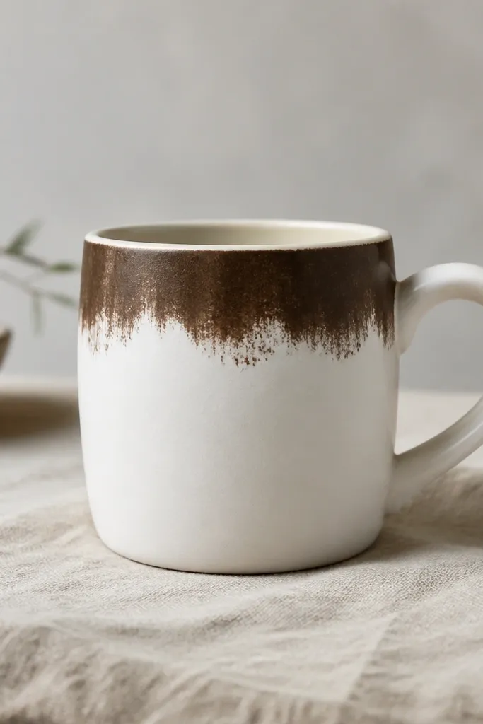 A white ceramic mug with a 1-inch band around the top rim painted deep espresso brown, with irregular 'splash' edges fading into the white. The handle stays bare white, and the paint looks matte with a soft dry-brush texture.