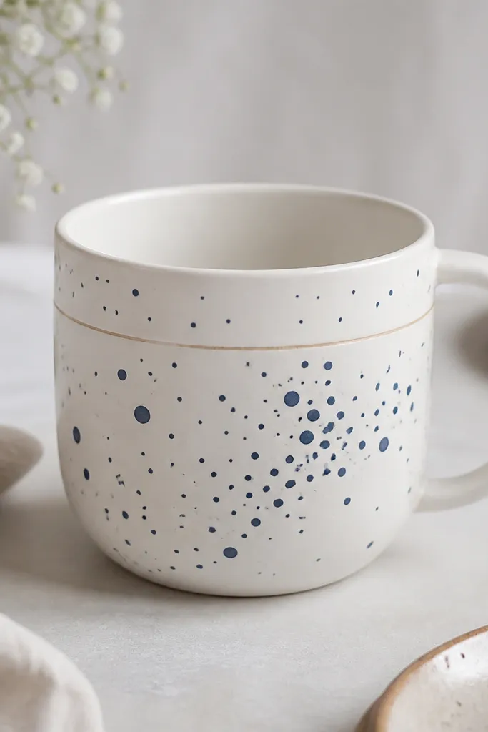 A white mug covered in scattered navy blue dots that form a loose galaxy shape, with a thin cream line border around the upper half. The dots vary in size and have a slightly raised, crisp look like stamped paint.