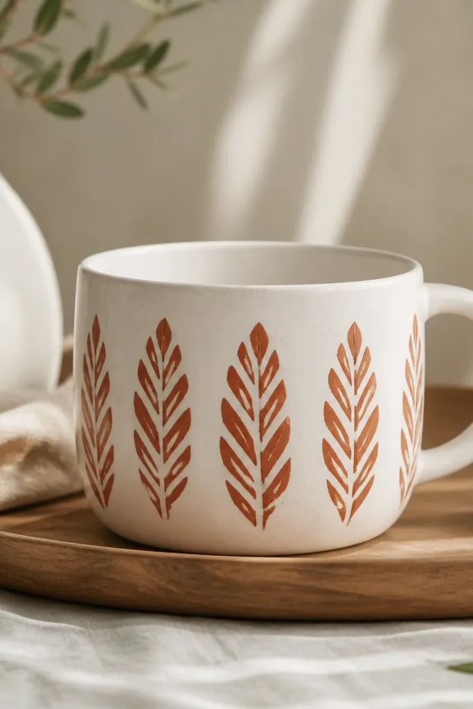 A white mug with repeating terracotta leaf shapes stamped around the side. The leaves are slightly uneven like hand-carved stamps, and the spacing is consistent but not perfectly uniform.