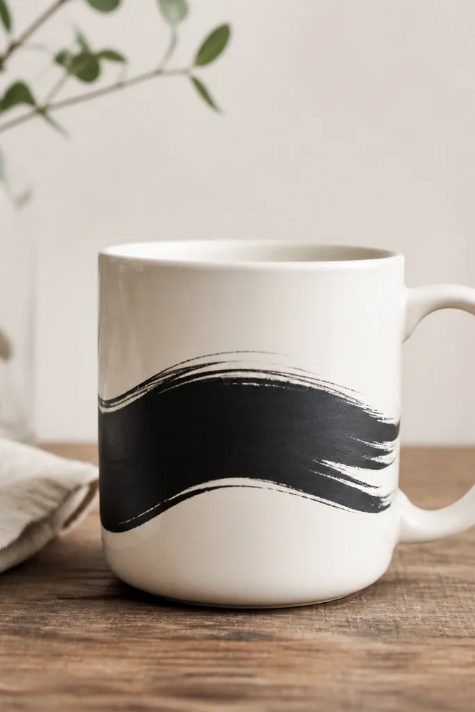 A white mug with a sweeping black banner across the front. The lettering looks hand-drawn with thick-and-thin strokes, and the banner edges are slightly feathered.