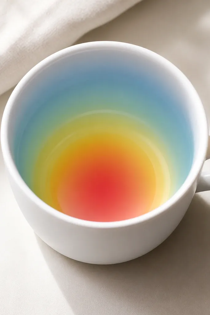 A white mug where the outside is plain, but the inside bottom shows a smooth rainbow ombre gradient fading from red at the center to yellow and then blue near the rim. The gradient looks smooth and glossy.
