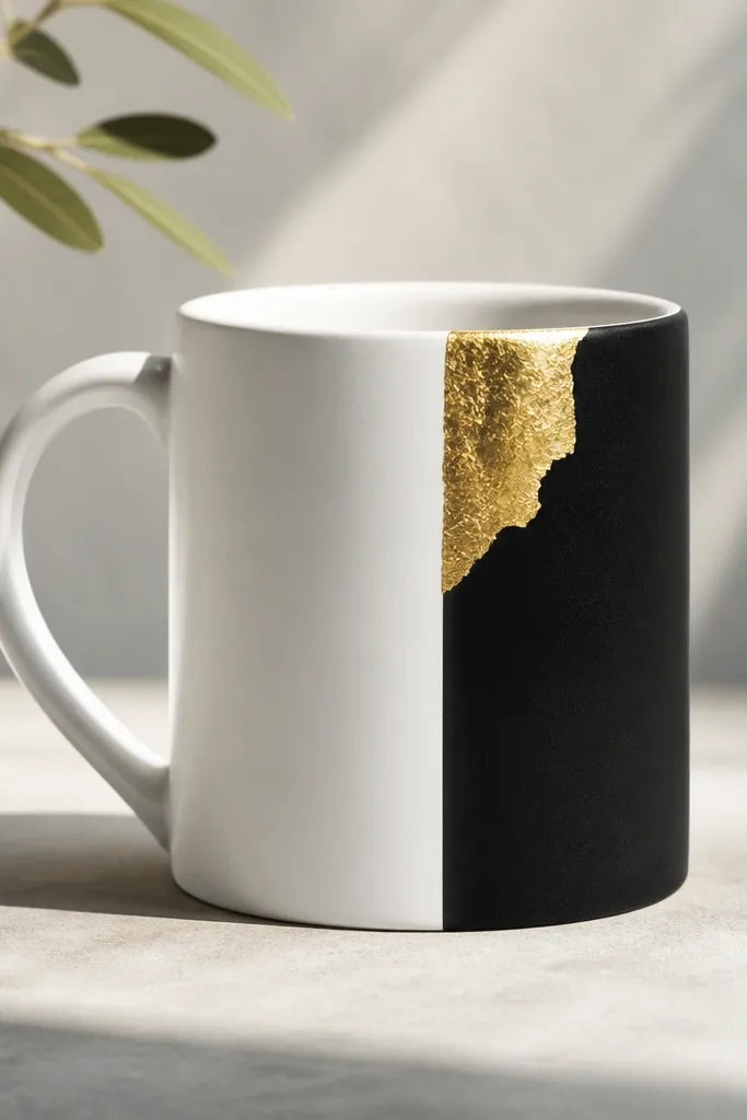 A white mug with a matte black vertical panel on the right side. A small irregular gold leaf patch sits near the top, catching light, while the left side stays clean white.