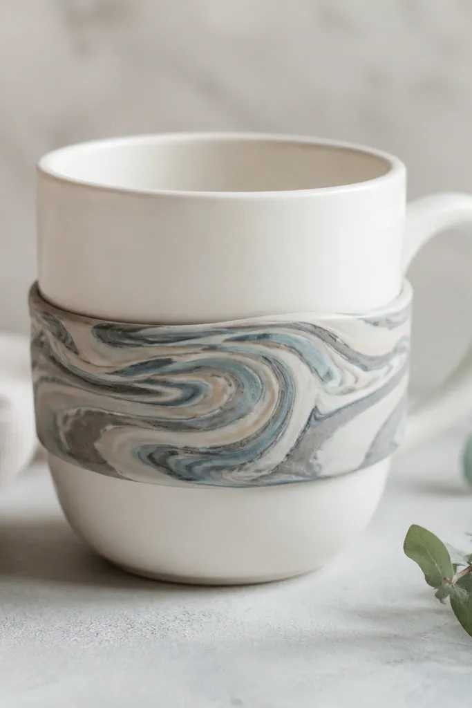 A white mug with a marbled wrap band around the middle made from polymer clay. The band has swirling grey, cream, and pale blue patterns, and it looks slightly raised like a cuff.