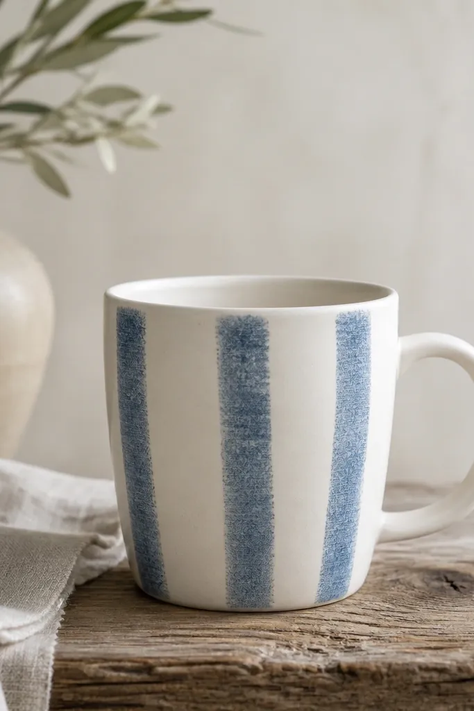 A white mug with three vertical stripes that look like washed denim. The stripes are light blue with faded edges, and the paint has a slightly textured, fabric-like finish.