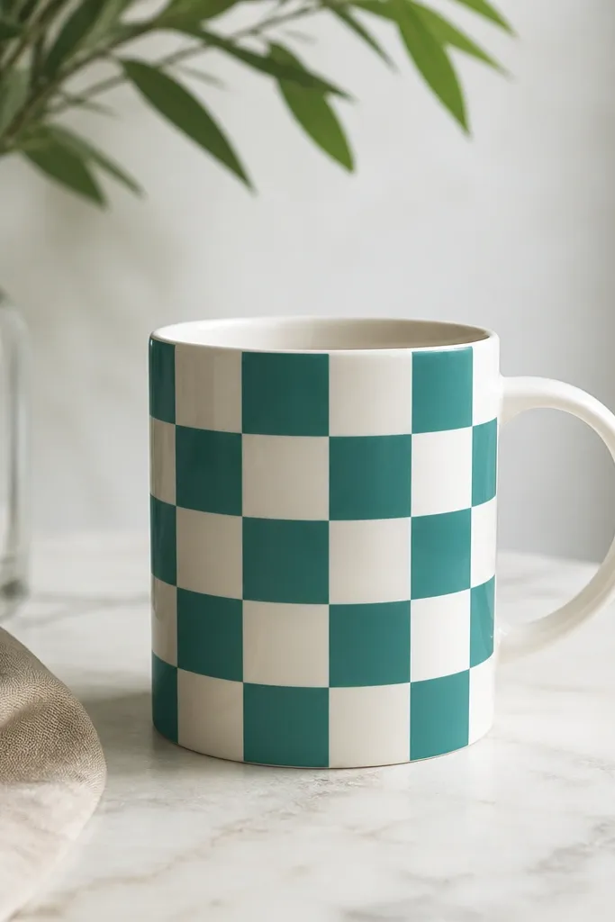 A white mug with a checker pattern in teal squares. The squares are crisp and evenly spaced, with clean white gaps between them.