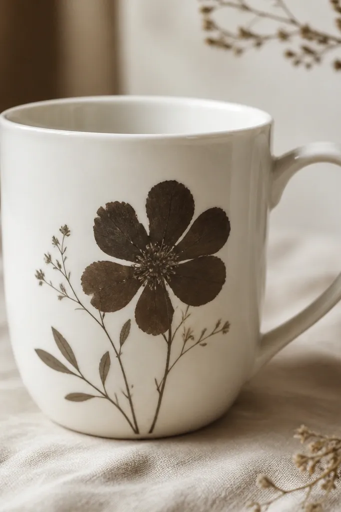 A white mug with a single large pressed-flower silhouette near the center. The flower is dark brown and appears like a shadow imprint, with a few small stems and leaves around it.