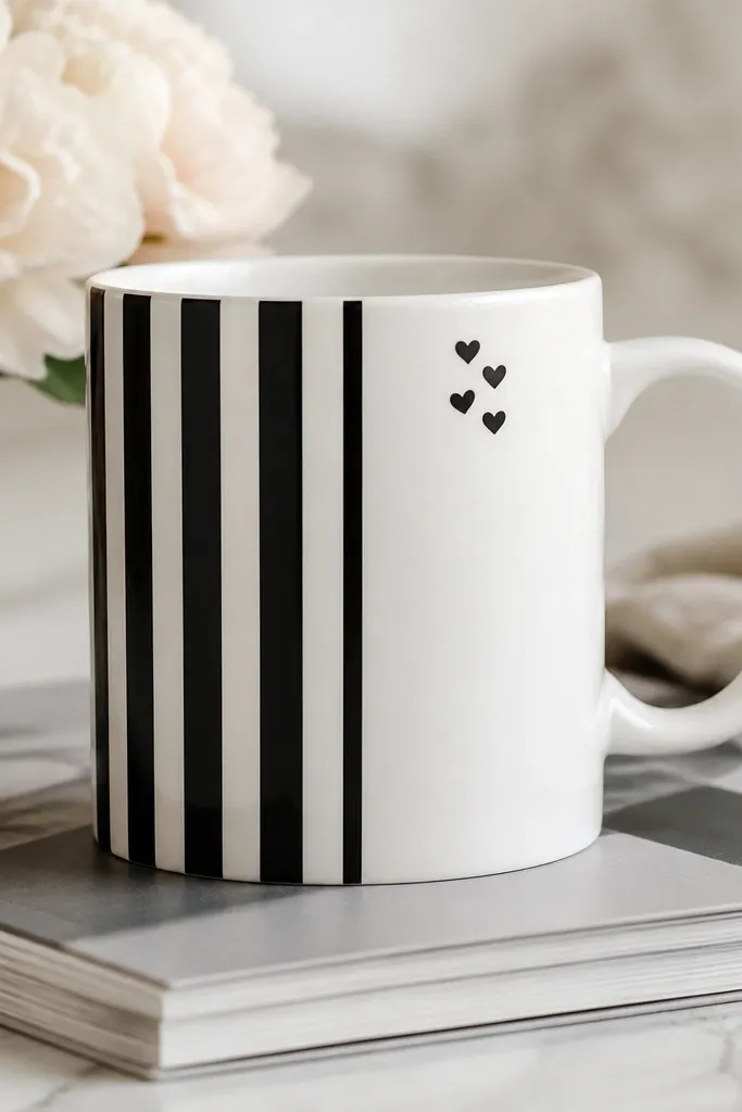 A white mug with alternating black and white vertical stripes on one half. On the blank half, a small cluster of four tiny hearts in black sits near the top.