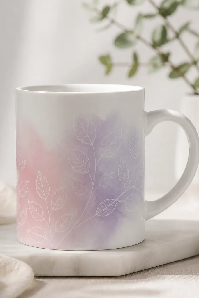A white mug with a soft pastel wash behind the handle area in pale pink and lavender. Over the wash are thin white line drawings of leaves and simple stems.