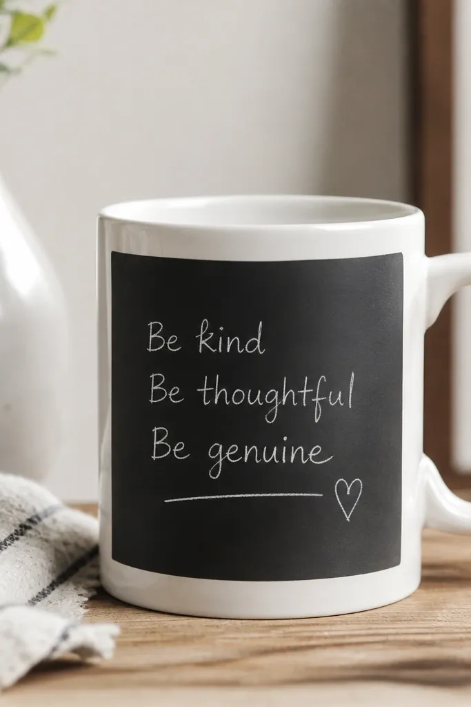 A white mug with a matte black rectangle panel on the front like a chalkboard. A few handwritten lines in light chalk-like paint sit on the panel, and the rest of the mug is plain white.