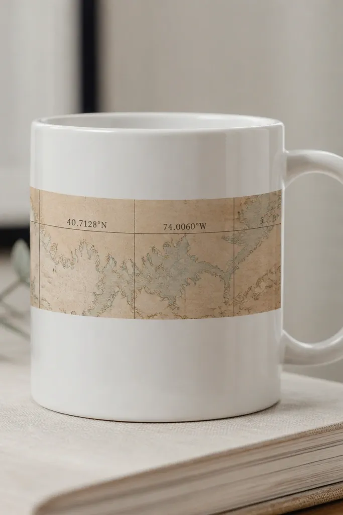 A white mug with a thin horizontal band that looks like aged map paper. It has faded teal and brown lines and a coordinate number text in dark ink.