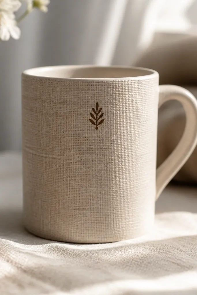 A mug with a beige textured coating that resembles linen fabric. A small dark brown monogram sits near the top, and the texture catches light like real cloth.