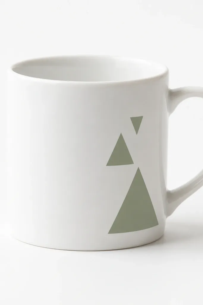 A white mug with two or three sage green triangles placed near the handle area. The triangles have crisp edges and sit on a clean white background.