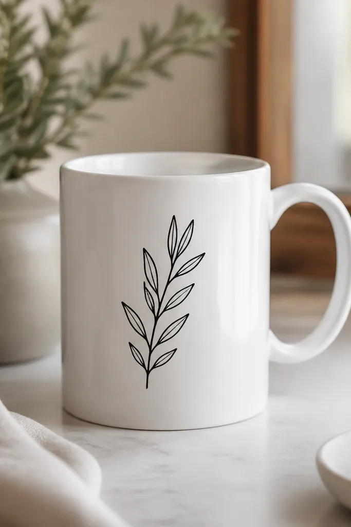 A white mug with a clean black script decal near the center front. The script looks like it's printed on porcelain, and the edges are smooth and glossy.
