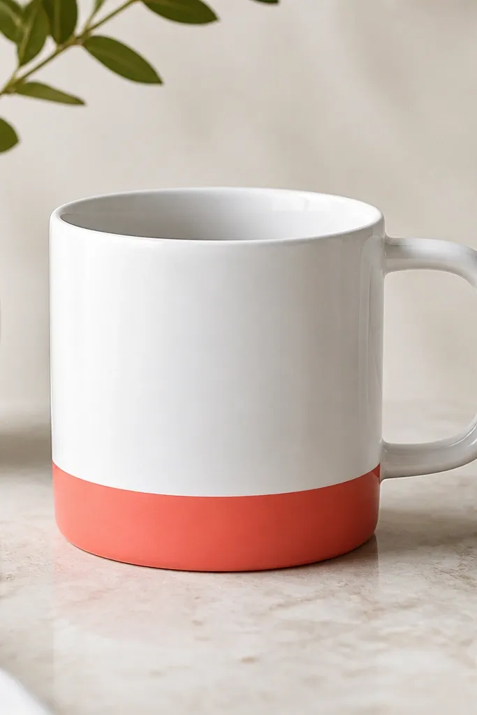 A white mug with a coral color-block band at the bottom exterior, like a hem. The top edge of the band is straight and clean, and the band thickness is about 1 inch.
