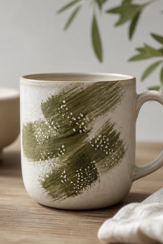 A mug with irregular mossy green brushstroke smears across the front. Over the strokes, small white dots scatter like seeds.