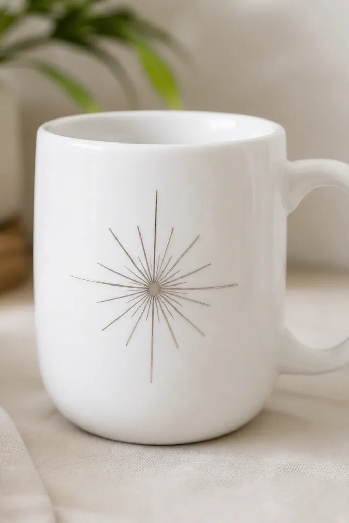 A white mug with a silver metallic starburst shape in the center. The rays are thin and slightly uneven, giving a hand-made sparkle effect, with no other busy patterns.