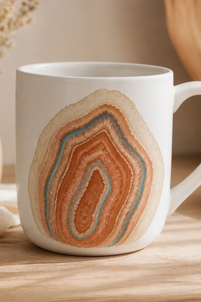 A white mug with a geode slice painted on the front. The geode has a cream outer shape, terracotta inner layers, and thin teal accents along the 'crystal' lines.