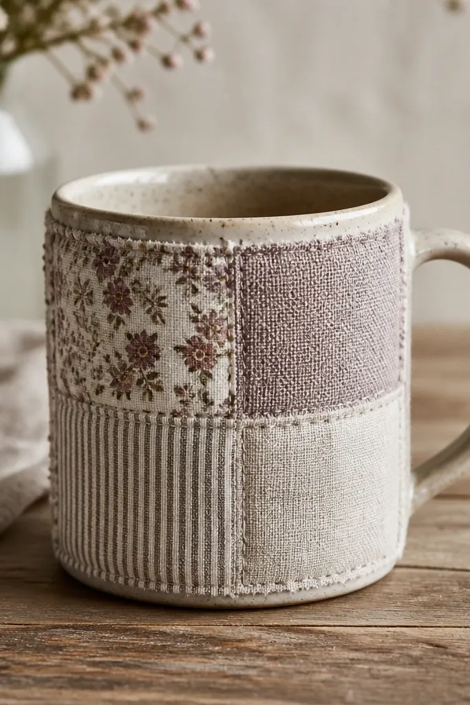 A mug wrapped with small fabric patches on the front in a patchwork layout. The fabrics include a small floral, a stripe, and a solid linen-like piece, all in muted tones.