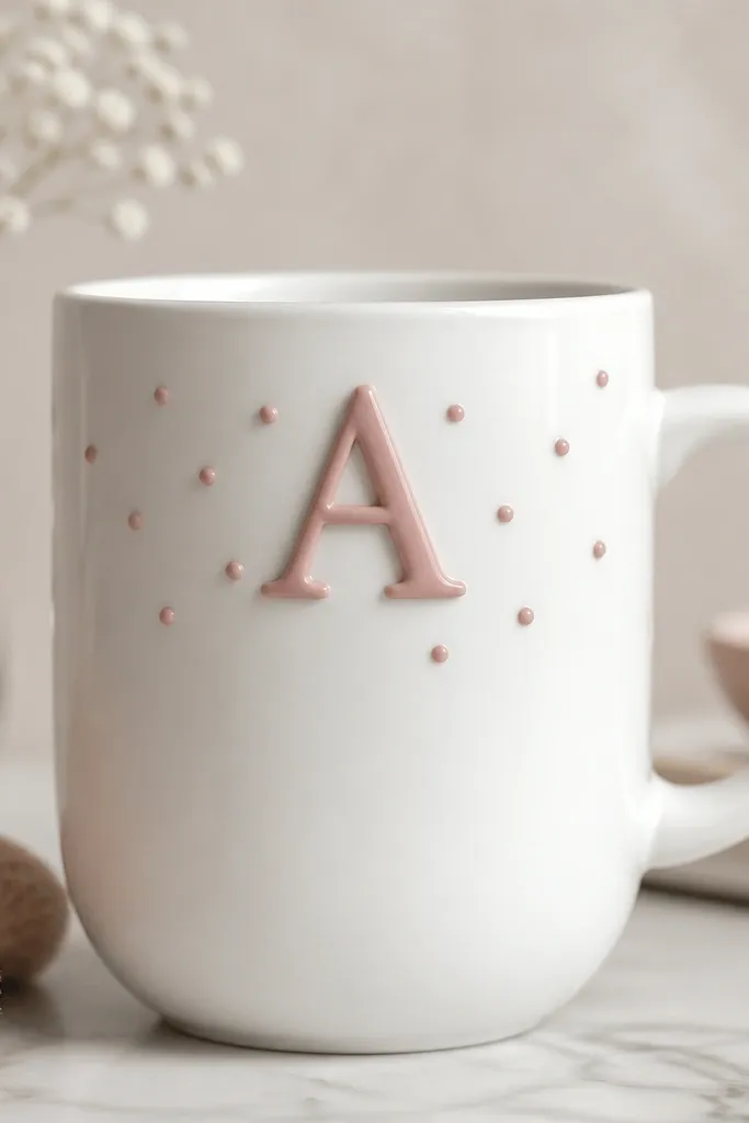 A white mug with a raised polymer clay initial near the top center, painted in a soft rose color. Around the initial are small raised dots that look like a tiny sprinkle pattern.